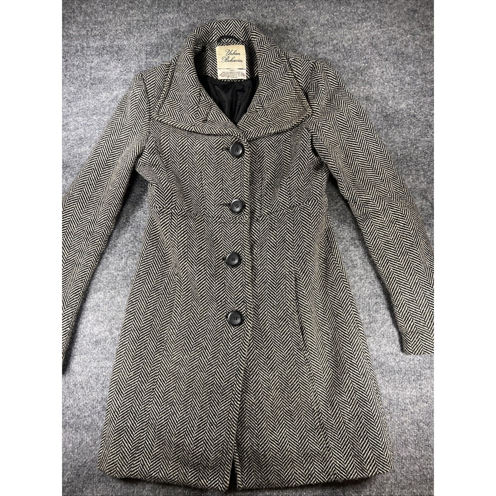 Urban Behavior Herringbone Wool Blend Trench Coat Jacket Grey / Brown Size Small